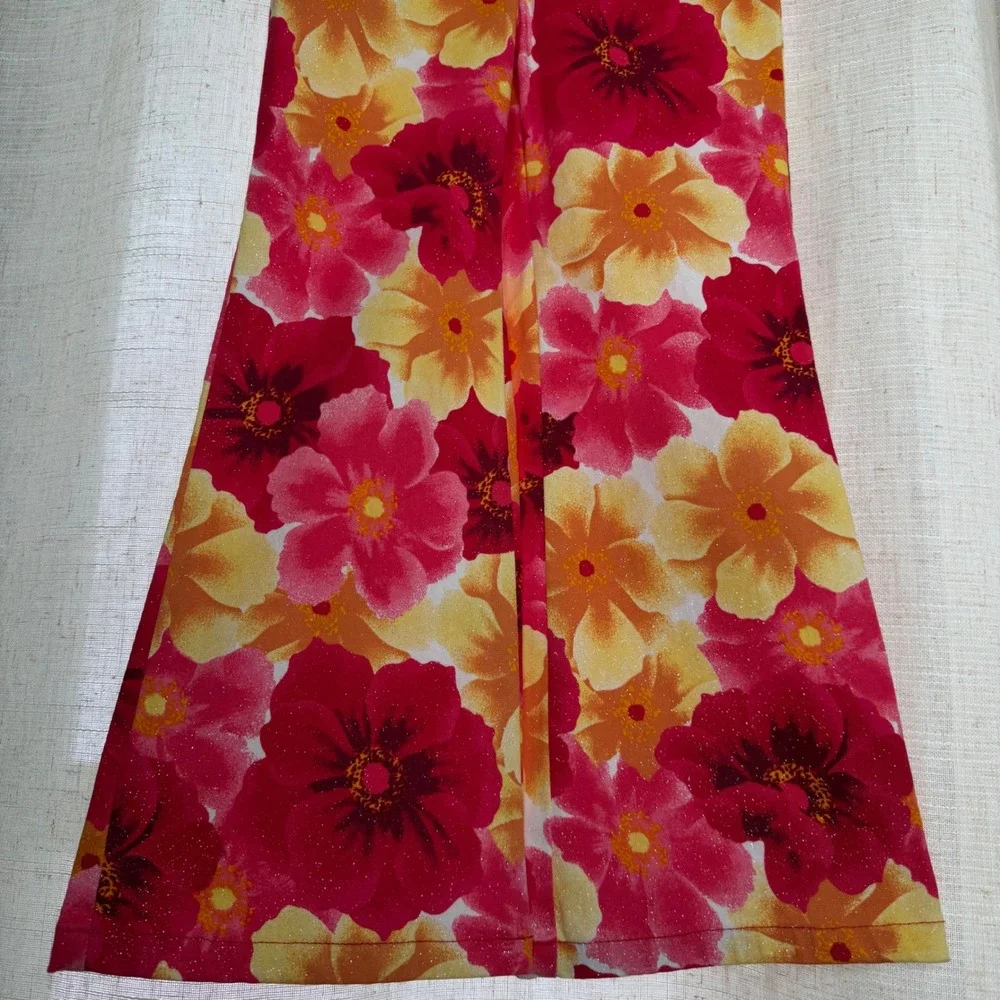 Y2K Vintage Xhilaration Flare Pants Pink Floral Silver Glitter Girls Size XS 4/5